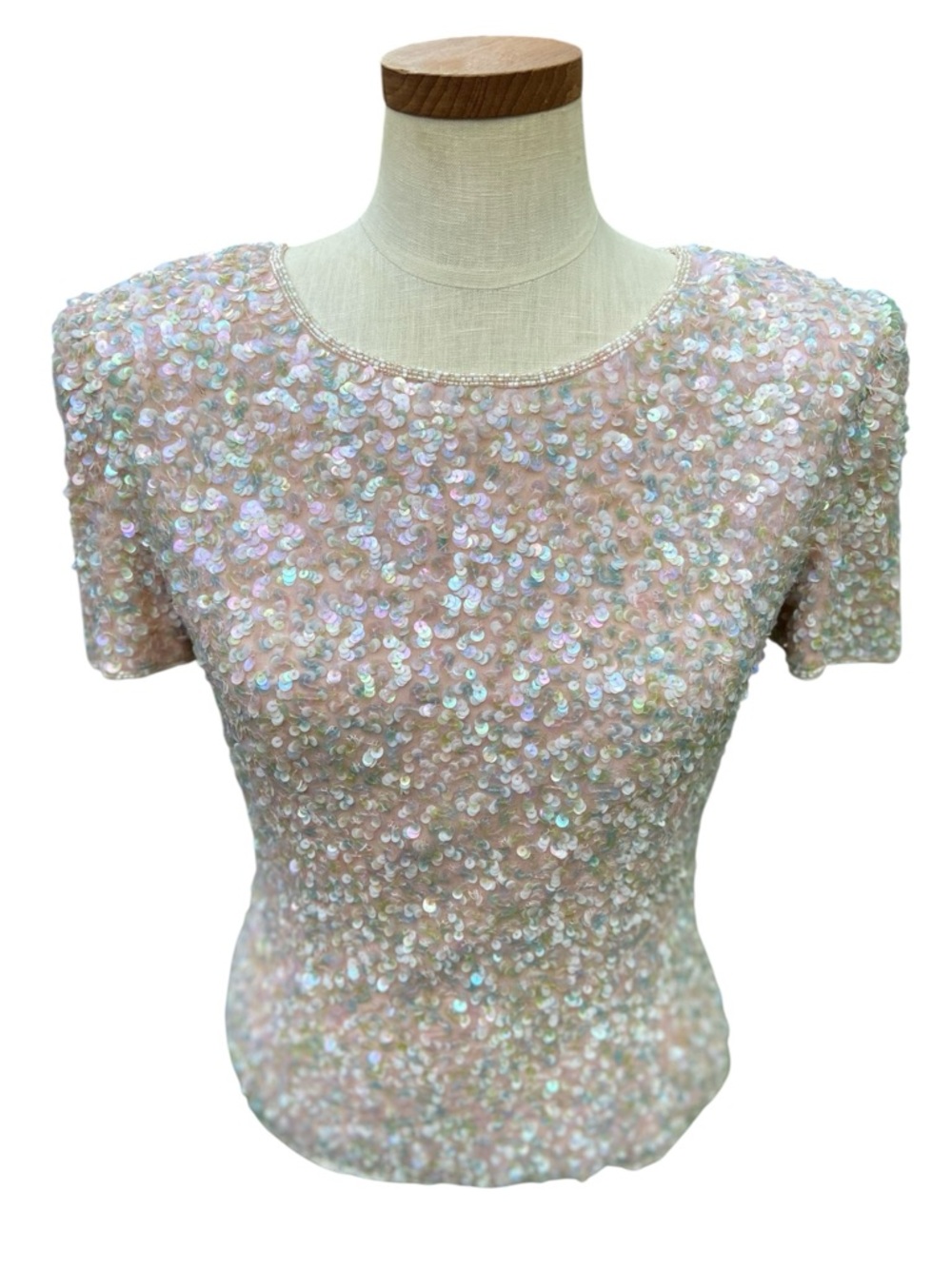 Adrianna Papell Silk Sequined Beaded Blouse Pale Pink Iridescent Fairycore Sz 6